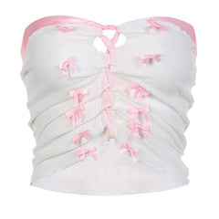Ribbed Bowknot Contrast Lace Up Backless Tube Top - Final Sale