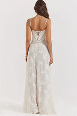 Slim Backless Fishbone White Maxi Dress