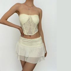 Mesh Solid Sleeveless Backless Lace Hem Tube Top Skirt Set