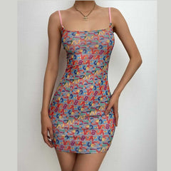 Mesh Letter Print Contrast Square Neck Backless Cami Mini Dress