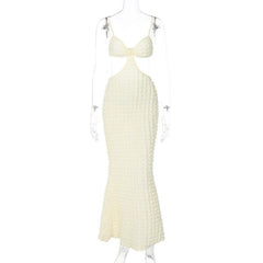 Solid Hollow Out Waffle Backless Cami Midi Dress