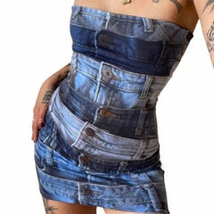Printed Denim Strappy Dress