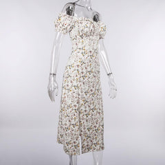Short Sleeve Off Shoulder Puff Sleeve Slit Flower Pattern Ruched Midi Dress