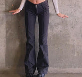 Indie Aesthetics Slim Low Waist Flare Pants E-Girl Vintage Pockets Solid Y2K Pants Autumn 90S Fashion Black Trousers
