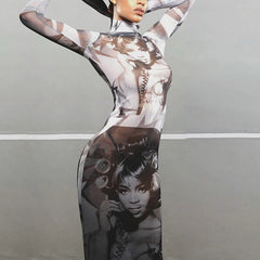 Retro Print Mesh Long Slim Dress