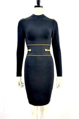Gold Button Rivet Bandage Black Mini Long Sleeve Dress