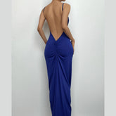 Ruched Solid Backless Cowl Neck Cami Maxi Dress