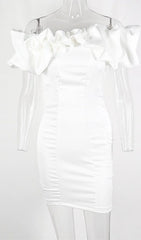 White Off Shoulder Frill Mini Bodycon Dress