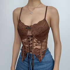 Lace Metal Tag Low Cut Lace Up Backless Cami Crop Top