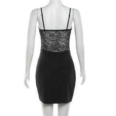 Lace Patchwork Buckle Ruched Square Neck Slit Cami Mini Dress
