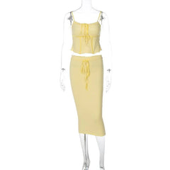 Ruffle Backless Drawstring Corset Solid Cami Midi Dress