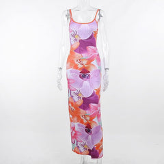 Flower Print Contrast Backless Slit Square Neck Cami Maxi Dress