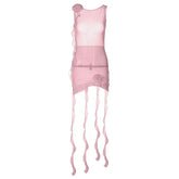 Sheer Mesh See Through Solid Ruffle Flower Applique Sleeveless Mini Dress