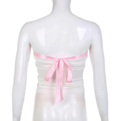 Ribbed Bowknot Contrast Lace Up Backless Tube Top - Final Sale