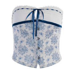 Backless Lace Hem Button Flower Print Stitch Tube Top