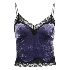 Velvet Lace Hem Contrast V Neck Cami Top