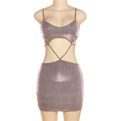 Low Cut V Neck Textured Hollow Out Self Tie Cami Mini Dress