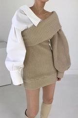 Knitted Stitching Fake Two-Piece Slanted Shoulder Dress