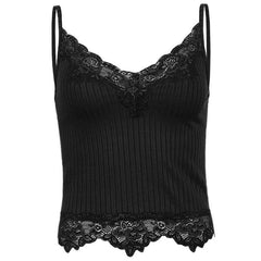 Ribbed Hem Lace V Neck Solid Cami Top