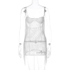 Tassels Low Cut See Through Lace Solid Backless Cami Mini Dress