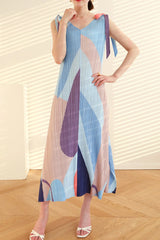 Fully Pleated Tie-Shoulder Print Dress
