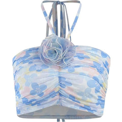 Contrast Ruched Halter Mesh Flower Applique Self Tie Crop Top
