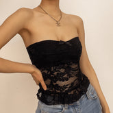 Solid Sleeveless Lace Hem Backless Ruffle Tube Top