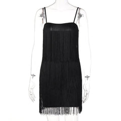Tassels Zip-Up Solid Square Neck Backless Cami Mini Dress
