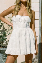 White Lace Tie-Up Strapless Tiered Dress
