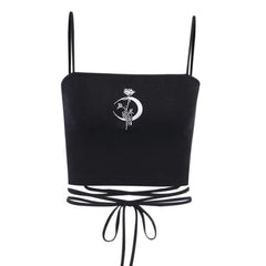 Embroidered Ribbed Cross Tie Back Crop Cami Top