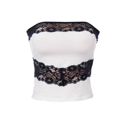 Backless Lace Hem Patchwork Contrast Tube Top
