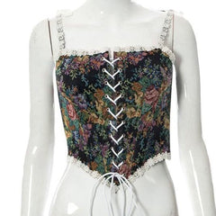 Floral Embroidery Lace Up Front Bustier Cami Top