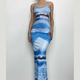 Ribbed Contrast Print Backless U Neck Cami Maxi Dress