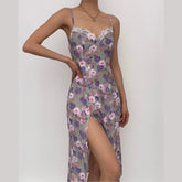 Sleeveless Slit Lace Hem Backless Flower Pattern Print Cami Dress