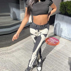 Women Skeleton Printed Jeans Trousers Casual Halloween Pattern Mid-Waist Button Pencil Pants Autumn Y2K Gothic Fashion Bottoms
