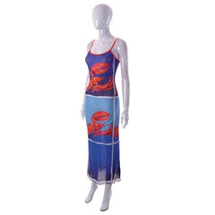 Sheer Mesh Lobster See Through Contrast Print Ruffle Cami Midi Dress
