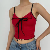 Ribbed Contrast Ruffle Self Tie Backless Cami Top