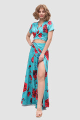 V-Neck Allover Floral Side Slit Two-Piece Dress