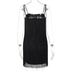 Tassels Zip-Up Solid Square Neck Backless Cami Mini Dress