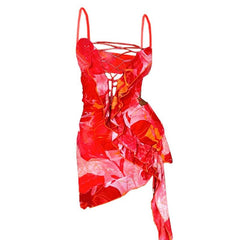 Lace Up Ruffle Hollow Out Backless Cami Mini Dress
