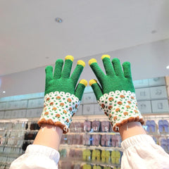 Knitted Patchwork Flower Pattern Full Finger Gloves
