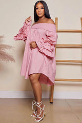 Off Shoulder Tiered Puff Sleeve Loose Dress