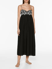 Classic Linen Floral Charming Patchwork Suspender Midi Dress