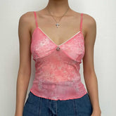 Sheer Mesh See Through V Neck Flower Print Ruffle Cami Crop Top