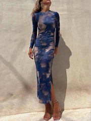 Charm Lady Mesh Overlay Tie Dye Modern Print Long Sleeve Ruched Stretch Midi Dress