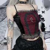 Backless Lace Patchwork Ruffle Contrast Cami Crop Top