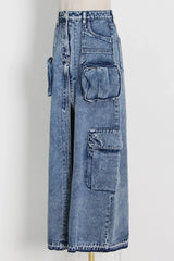 Pocket Patchwork Slit A-Line Denim Cargo Skirt