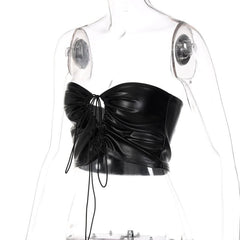 Pu Drawstring Halter 2-Way Ruched Backless Solid Tube Top