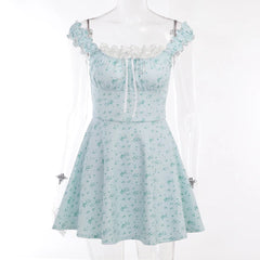 Cap Sleeve Lace Hem Ruched Flower Print Contrast Mini Dress