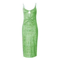 Ruched Knotted Slit Print Hollow Out Backless Cami Midi Dress